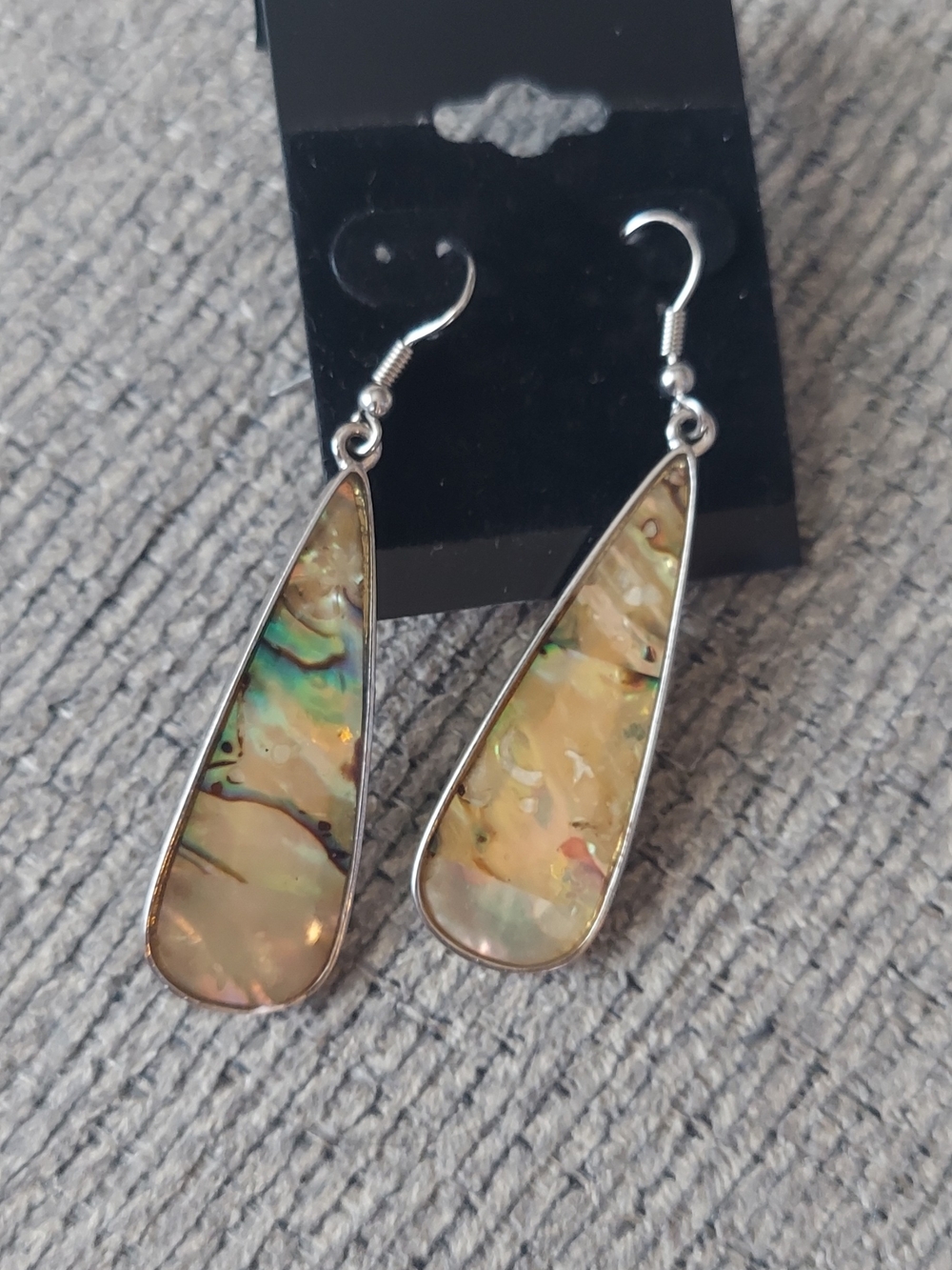 Iridescent Abalone Teardrop Dangle Earrings - Silver-Tone Frame - Green & Cream